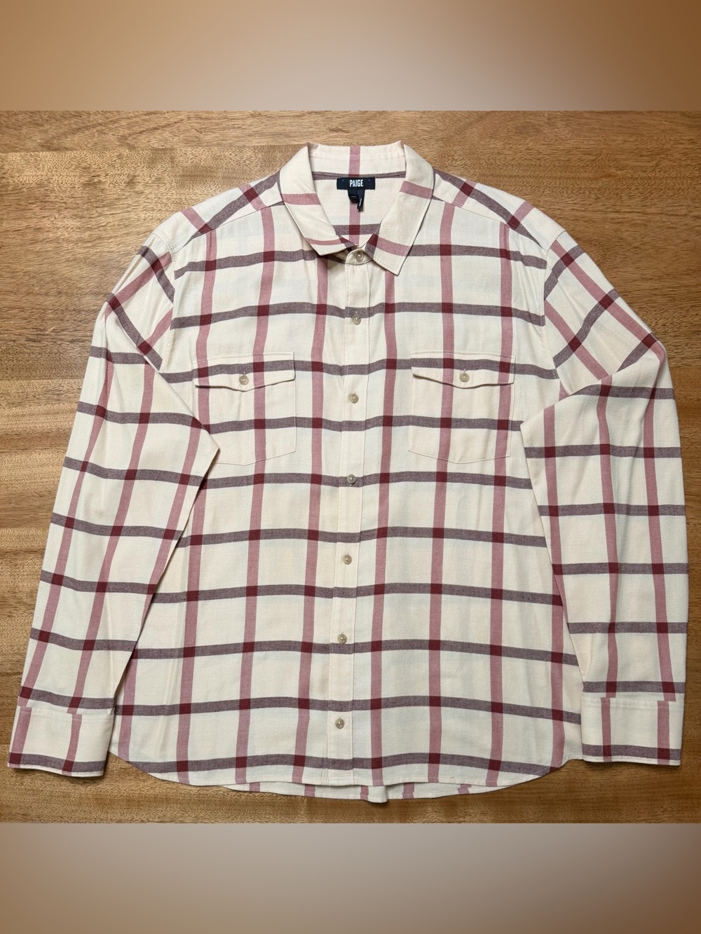 Paige Men’s Flannel Long Sleeve Button-Up Plaid Cream & Burgundy, Size 2XL